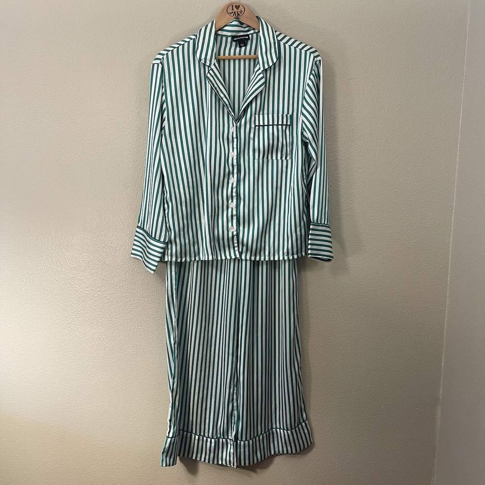 Pretty Little Thing Preppy Striped Satin PJ Set Long Button Up Green Ivory Sz S